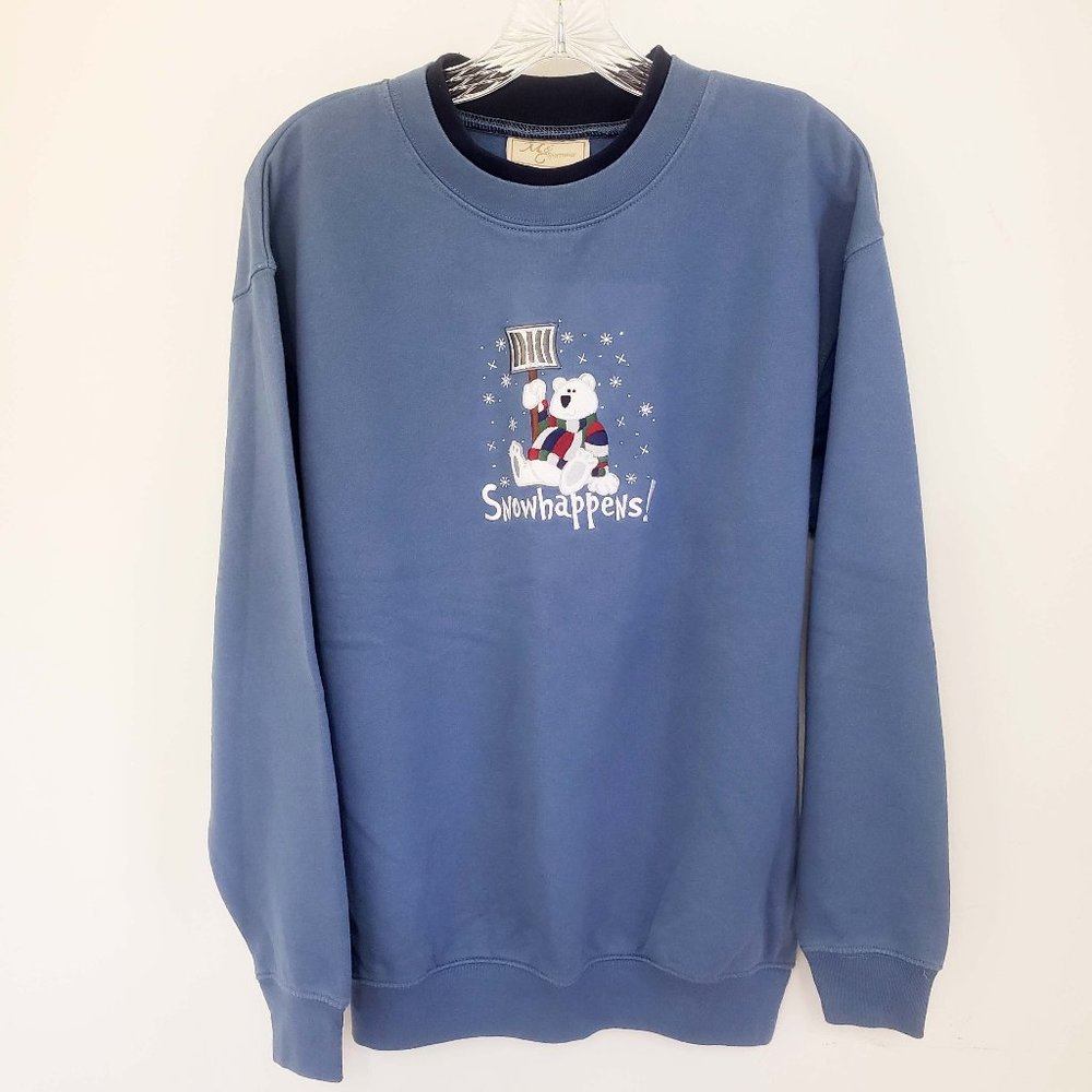MC Sportswear Women's Slate Blue Embroidered Christmas Snow Happens Sweat Shirt